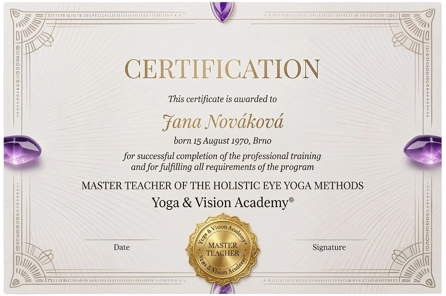 Vzor diplomu Master Teacher of the Holistic Eye Yoga Methods, Yoga & Vision Academy®